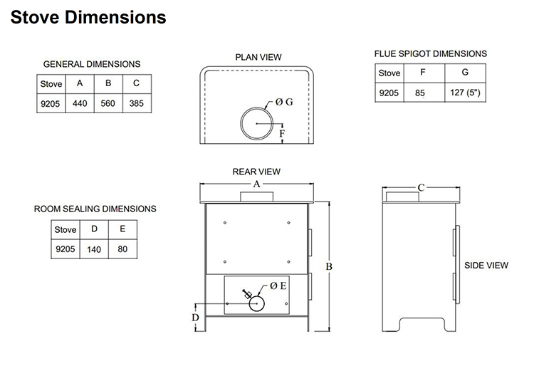 Burley Stapleford 9205 Stove Sizes