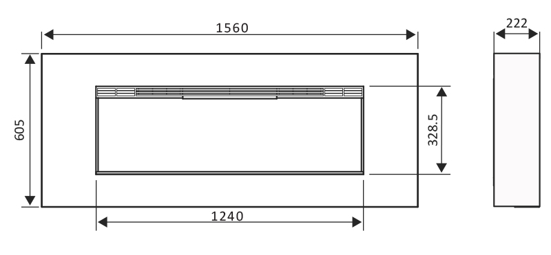 Rosetta S1250 Wall Hung Electric Fireplace Dimensions