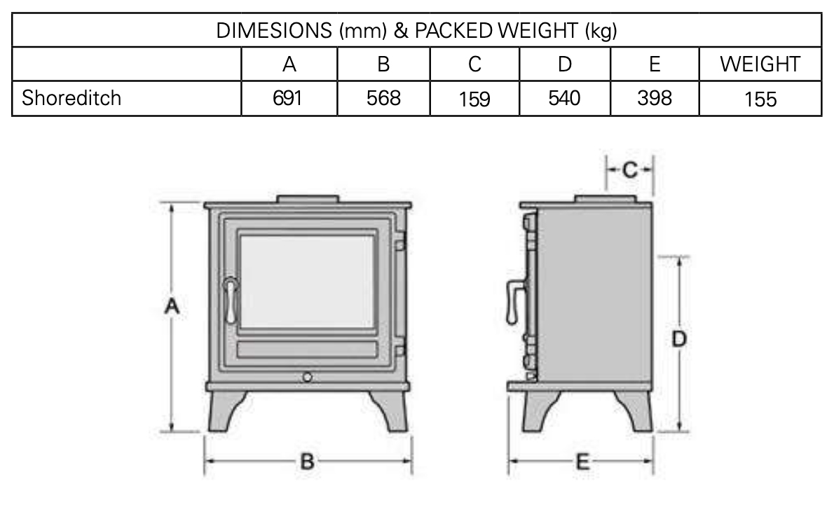 Shoreditch 8Ws Stove Sizes