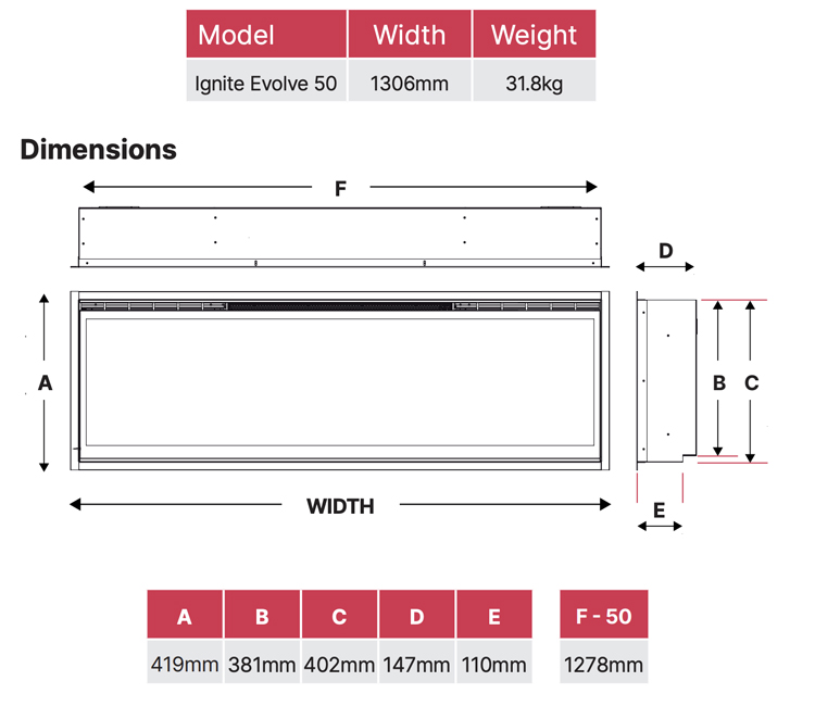 Dimplex Ignite Evolve 50 Fire Sizes