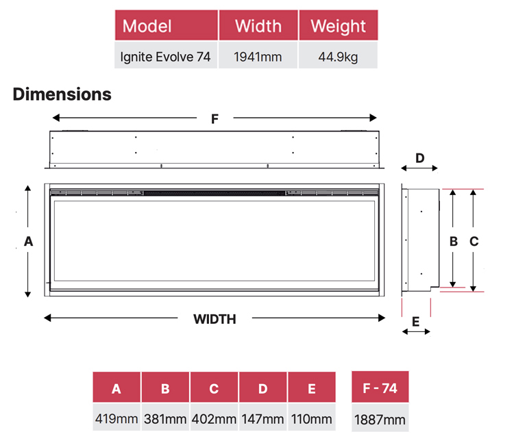 Dimplex Ignite Evolve 74 Fire Dimensions