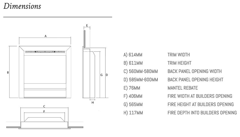 Ravel 550 HE Contemporary Gas Fire Sizes