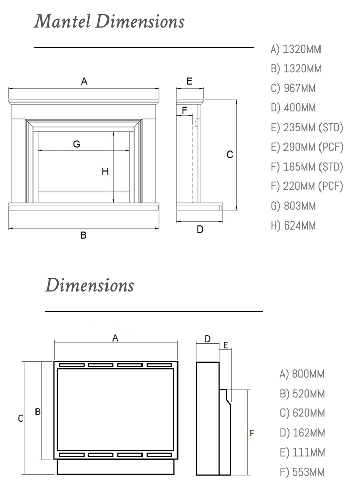 Wildfire HE 950L Seville Marble Gas Fire Suite Sizes