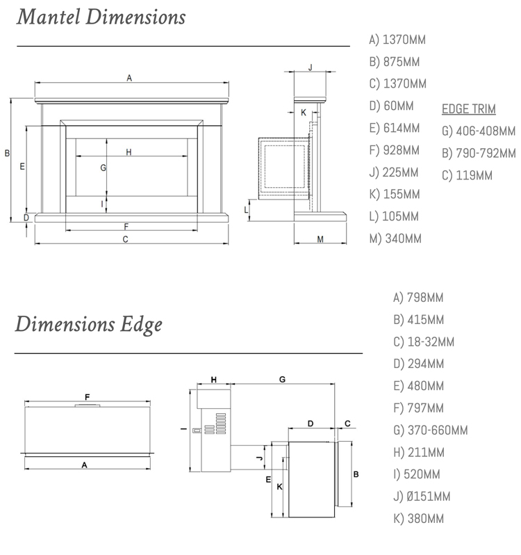 Ravel 800BF Balanced Flue Gas Fire in Asti Limestone Suite Dimensions